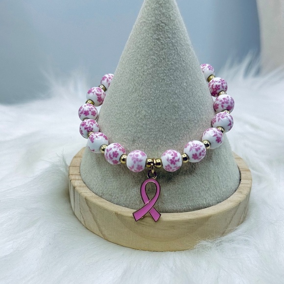 Chinese-Style Ceramic Floral Beaded Stretch Bracelet w/ Pink Breast Cancer Charm - Picture 6 of 6